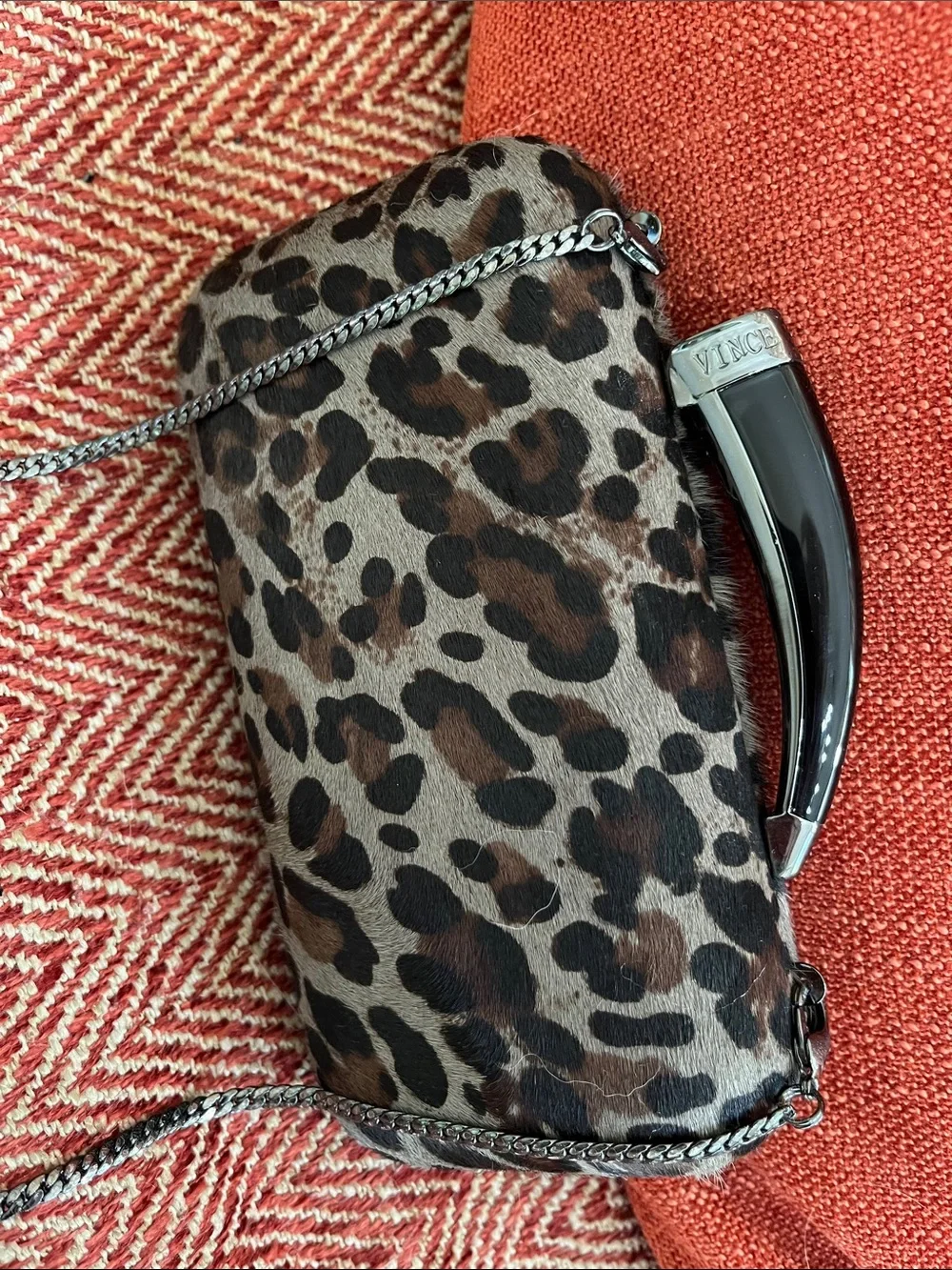 Vince Camuto Leopard Print Clutch in Gray and Brown with Silver Chain